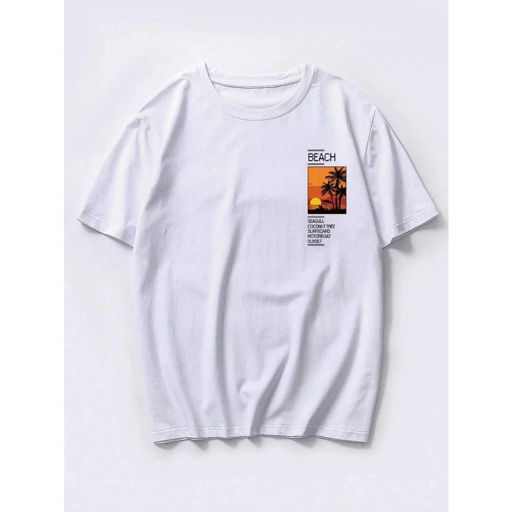 Men's 100% cotton summer loose Coconut Tree&Sloan Graphic printed slim fit casual sports round neck short sleeved T-shirt top