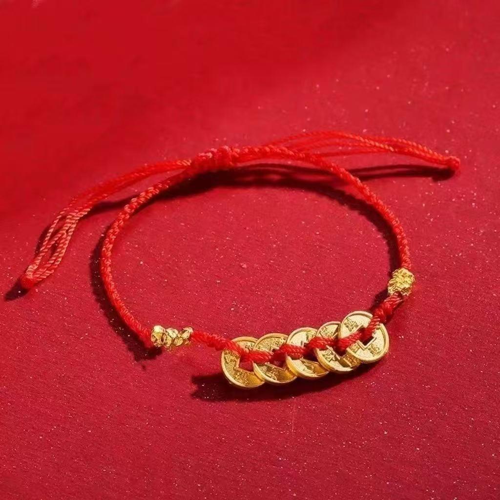 Fashionable Red Woven Bracelet with Five Emperors Copper Coins and Golden Pendant