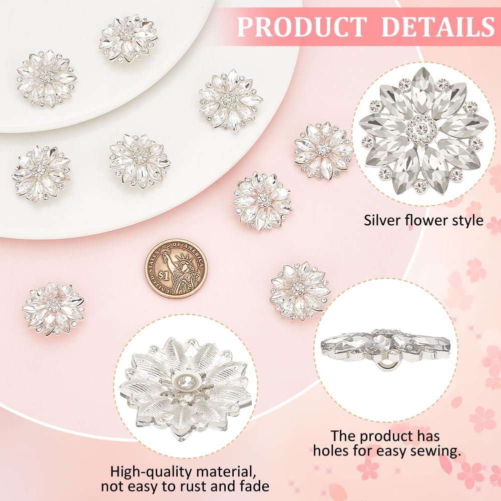 FINGERINSPIRE 10 Pcs Flower Rhinestone Shank Buttons - 26mm/1inch Clear Crystal Floral Sew On Buttons with 1-Hole for DIY Craft Bouquet Clothes