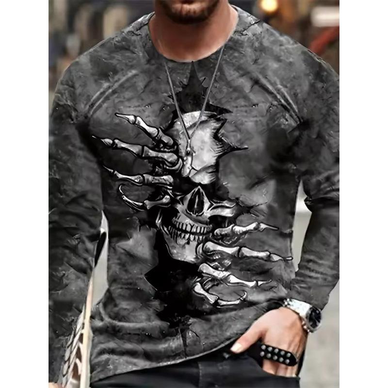 Autumn Round Neck 3D Skull Pattern Printed Top Fashionable Casual Long Sleeved Men's T-shirts