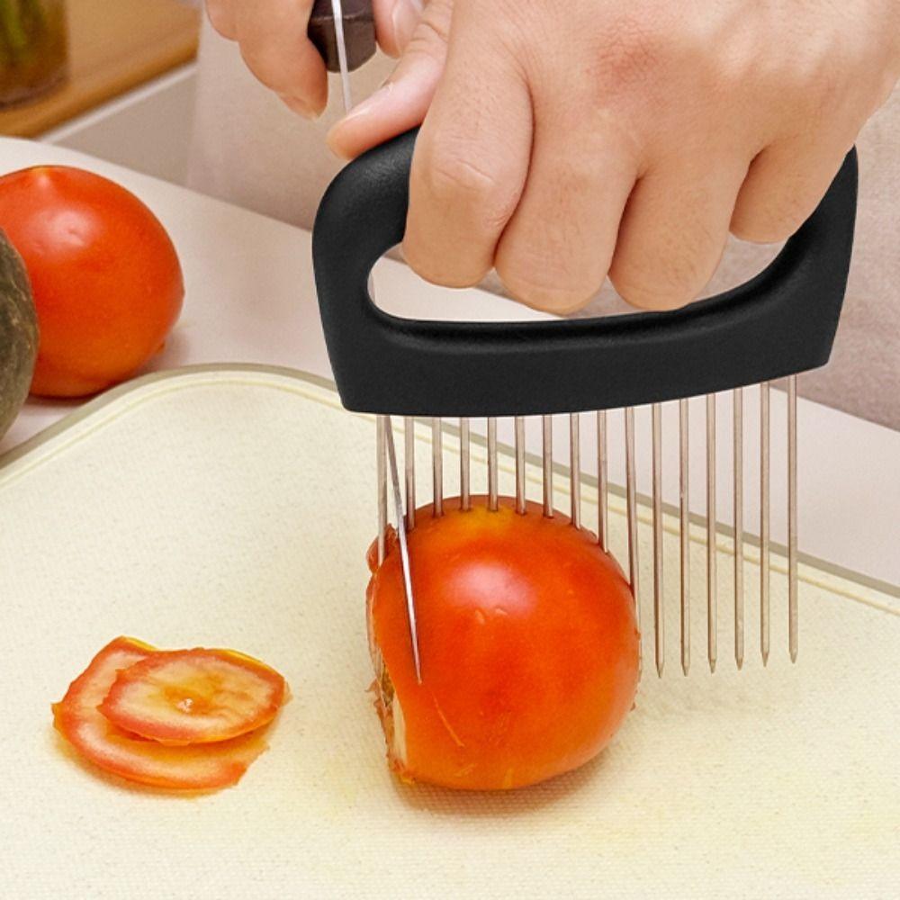 Stainless Steel Needle Onion Cutter Holder Rustproof Efficientive Tomato Slicer Holder Non-slip Handle Professional