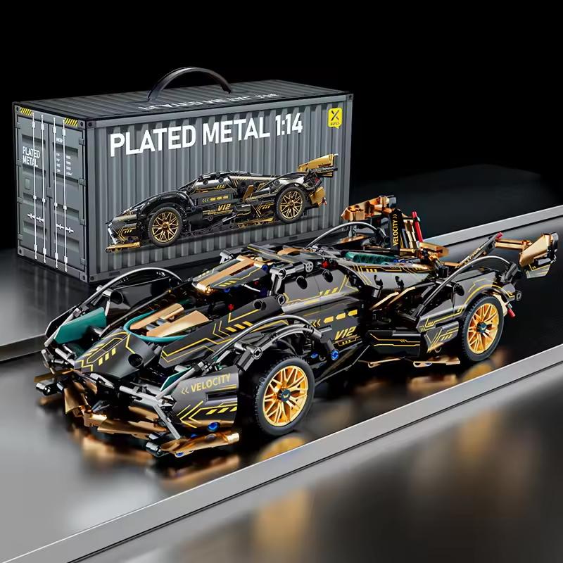 V12 Black Block Roadster Rc Tech Racer 114 Diy Racing Car Building Block Assembly Block Car Toy Birthday Gift Suitable For All Ages Kids Adults