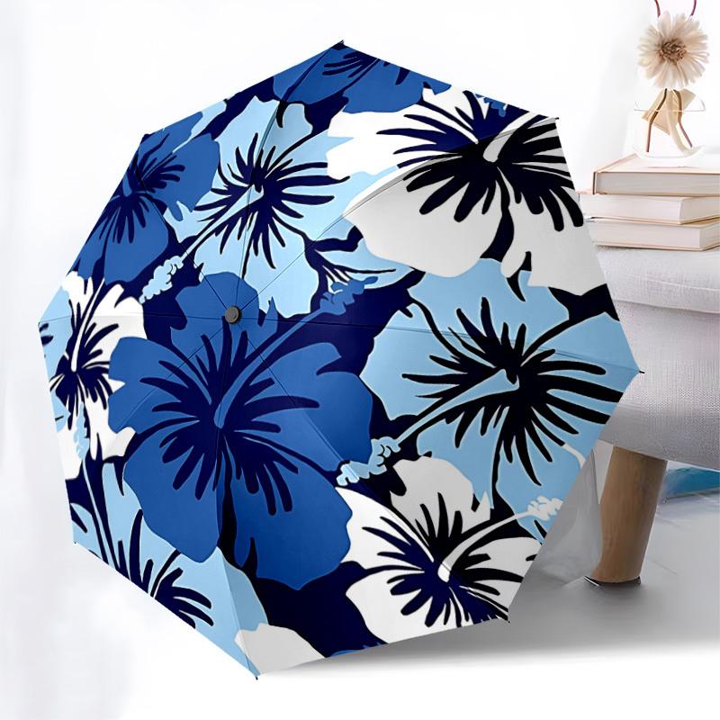 1pc Blue Floral Print Automatic Folding Umbrella, Portable Collapsible Design, 8-Rib Iron Frame, Outdoor Accessory Yy250905093