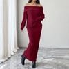 A New Elegant and Retro Christmas Two-piece Solid Off-the-shoulder Dress Set for Women In Autumn and Winter