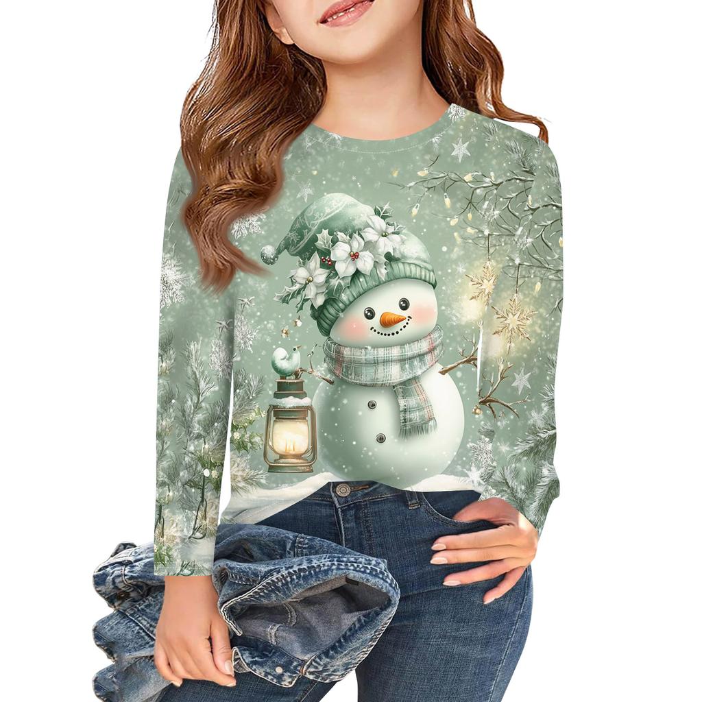 Christmas Day Girls Long Sleeve T Shirts Kids Fall Tops Crewneck Printed Basic Tees