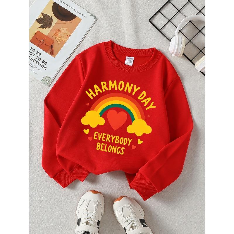 Girls' Long-sleeve Sweatshirt with Round Neck and Printed DesignHarmony Day Rainbow Suitable for Spring and Autumn, Fashionable and Casual