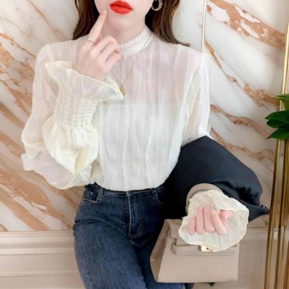 New Arrivals Open Run Mock Neck Slim Fit Sheer Chiffon Blouse Trumpet Sleeve