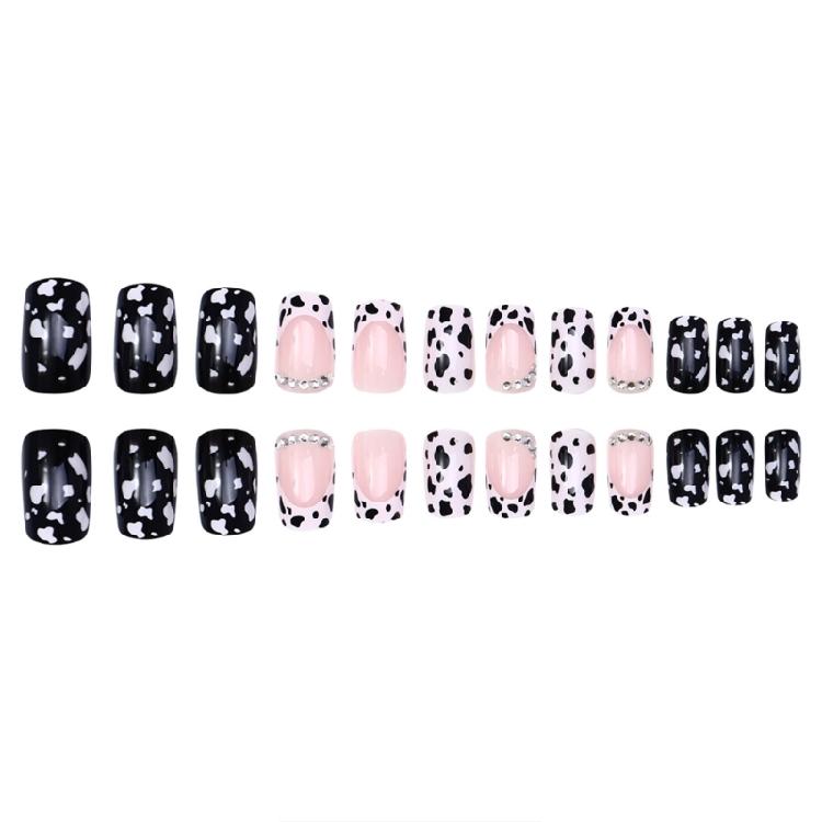 

24pcs Medium Length French Leopard Acrylic Nail Art With Rhinestones Full Cover False Nail For Parties And Social Event 1