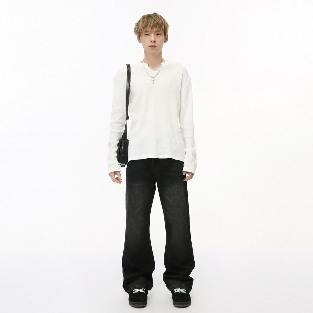 Men's Clothing | High Street American Vibe Vintage micro-pull black and gray washed floor-drape denim trousers