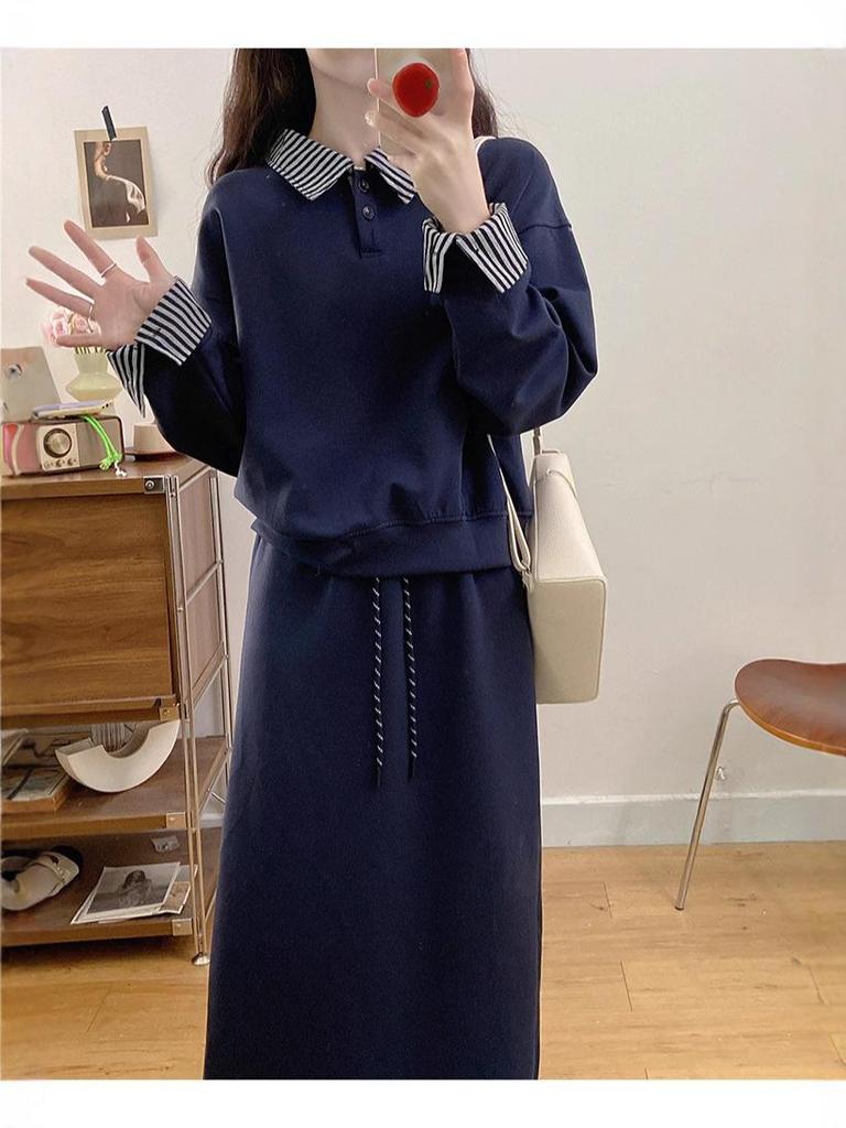 Autumn 2025 Plus Size Women's Patchwork Sweatshirt & High Waist Midi Skirt Set