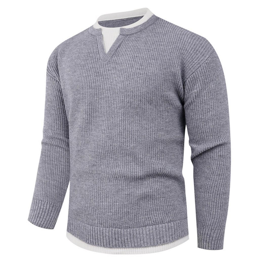 Men's Casual Solid Color Fake Two-piece Knitted Sweater, Men's Long-sleeved Pullover, Loose Inner V-neck Over Round-neck Sweater