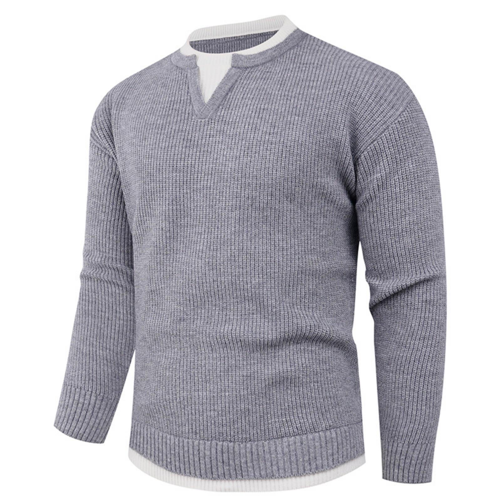 

Men s Casual Solid Color Fake Two-piece Knitted Sweater, Men s Long-sleeved Pullover, Loose Inner V-neck Over Round-neck Sweater L