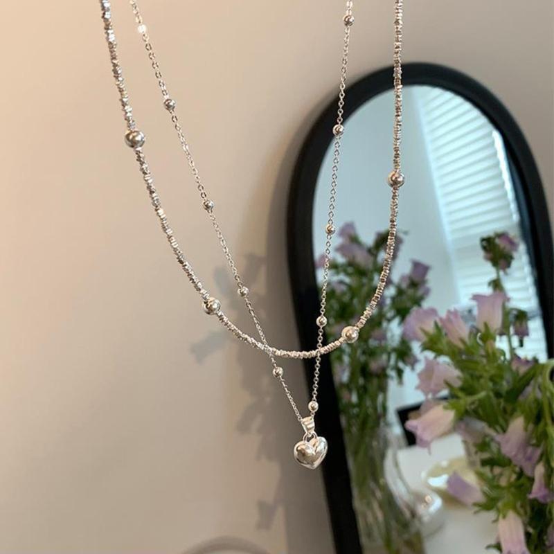 Fashion Heart Pendant Necklace Silver Color Bead Layered Necklace Temperament Clavicle Chain Necklace Choker Jewelry