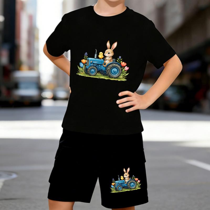 

Boys 2 Piece Rabbit Driving Tractor Printed outfit, Short Sleeve T-Shirt and Shorts Set for Kids Age 5-14,White, Black Sporty Casual Summer Clothes 5-6 Years чёрный