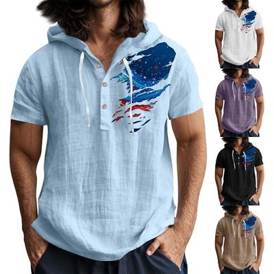 Men'S Casual Short Sleeved Hooded Top Buttoned Open Neck T-Shirt