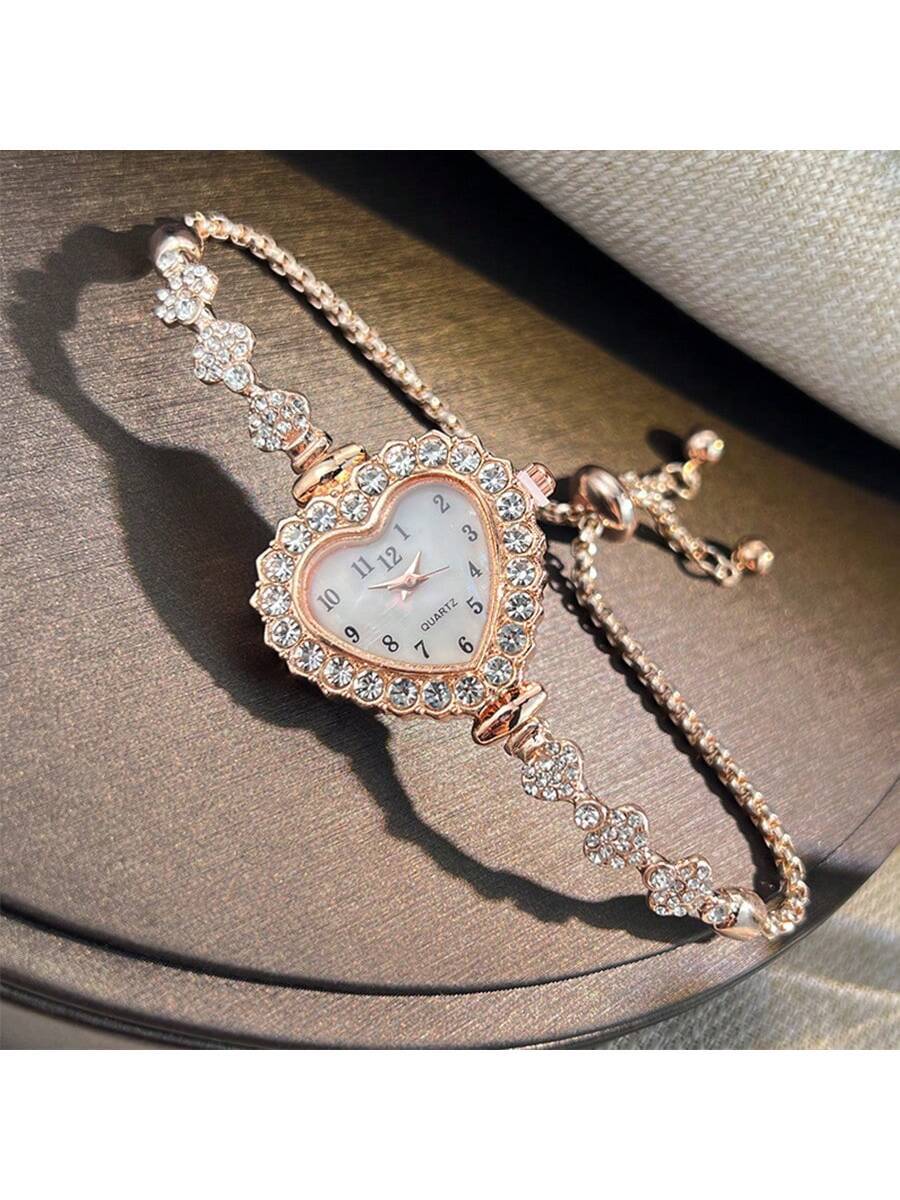 

1 шт. Женские часы кварцевые модные с удобной цепочкой-пуллером, циферблатом в форме сердца со стразами и арабскими цифрами розового золота