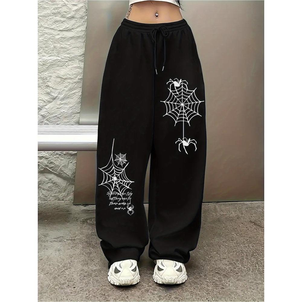 Женские брюки с широкими штанинами и принтом паука, с эластичным поясом на кулиске - Зимние широкие джоггеры, Подходят для повседневной носки S