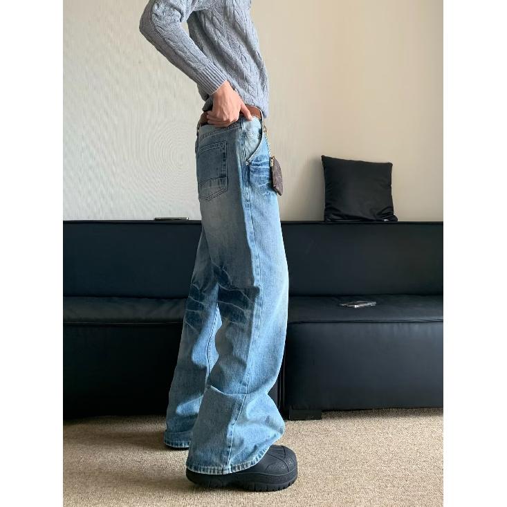 Autumn And Winter New American High Street Washed Light Colored Jeans For Men And Women Straight Leg Slightly Flared Loose Wide Leg Pants