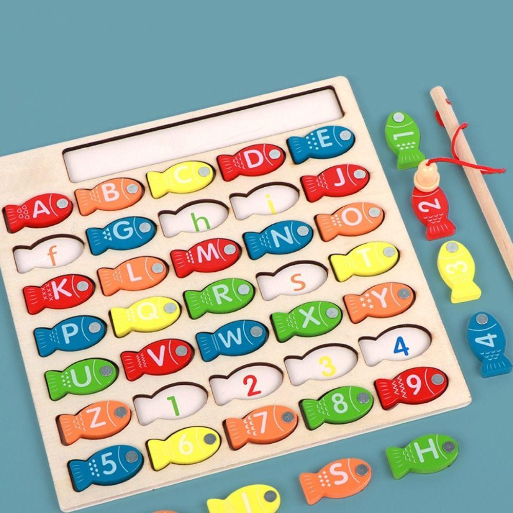 Wooden Kids Fishing Toys Early Educational Fishing Game Toy Letter Number Puzzle  Gift For Kids