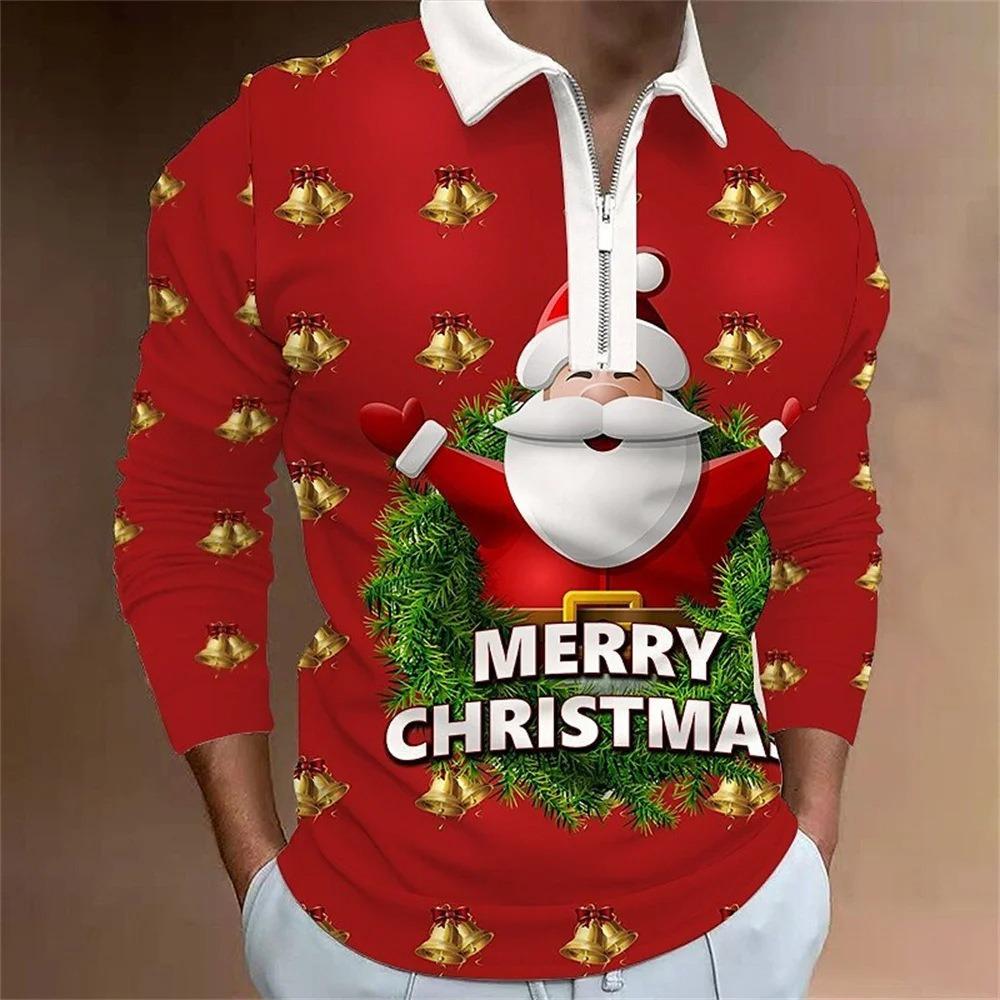 Father Christmas cartoon pattern digital 3D printing polo shirt large size loose men's zip lapel shirt