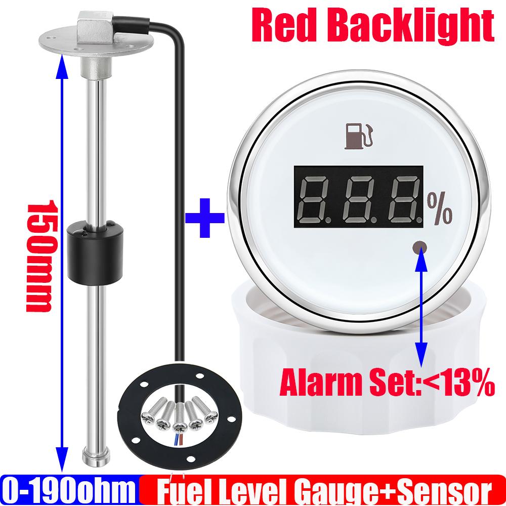 52mm Auto Digital Fuel Level Gauge 0-190 Ohm Range with Alarm Red Light Marine Oil Tank Indicator Meter 100-600mm Sensor Custom