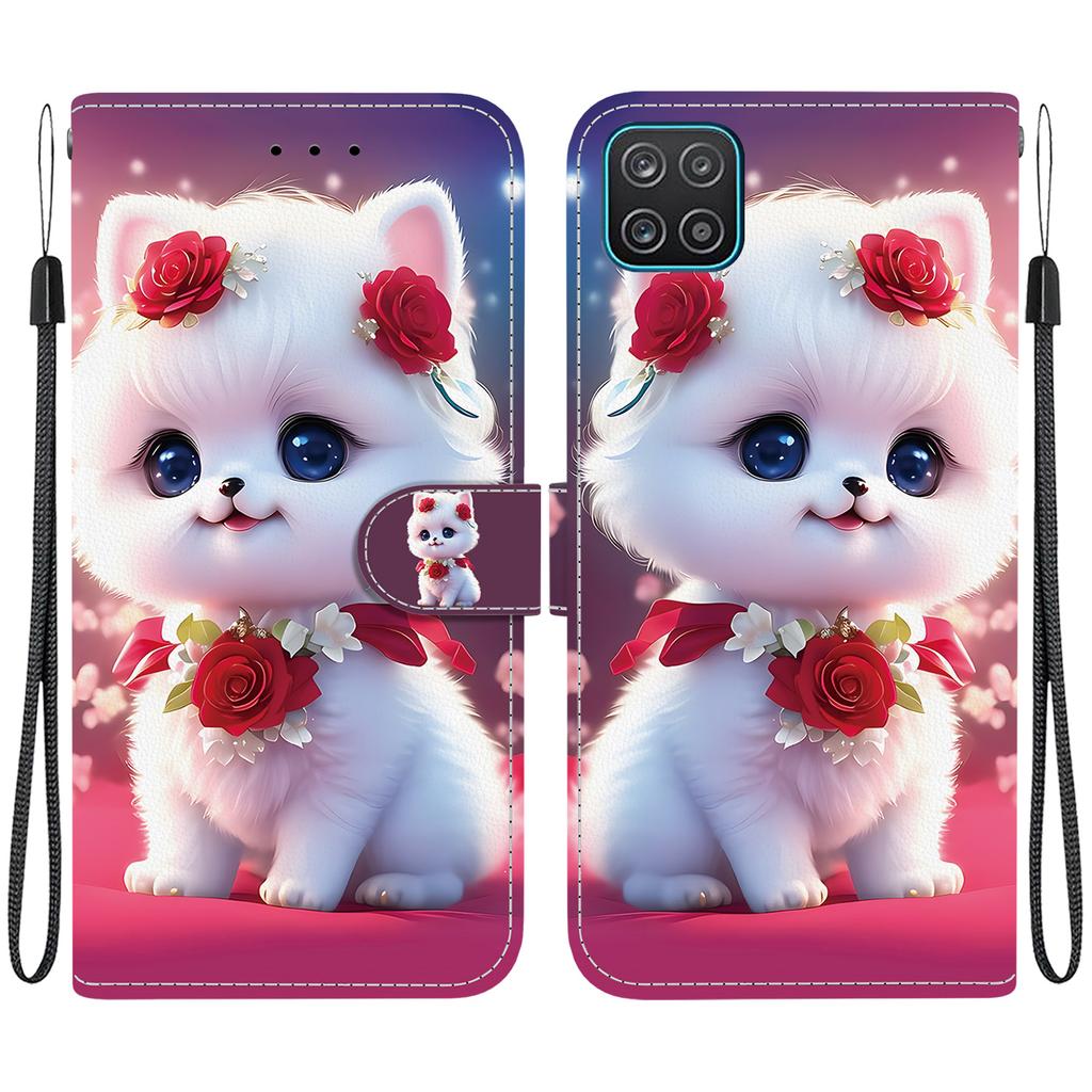 Handgefertigte PU-Leder-Flip-Hülle für Samsung Galaxy A12 5G Rutschfeste Stoßfeste Hülle mit Handschlaufe & Herz/Rose Katze Designs