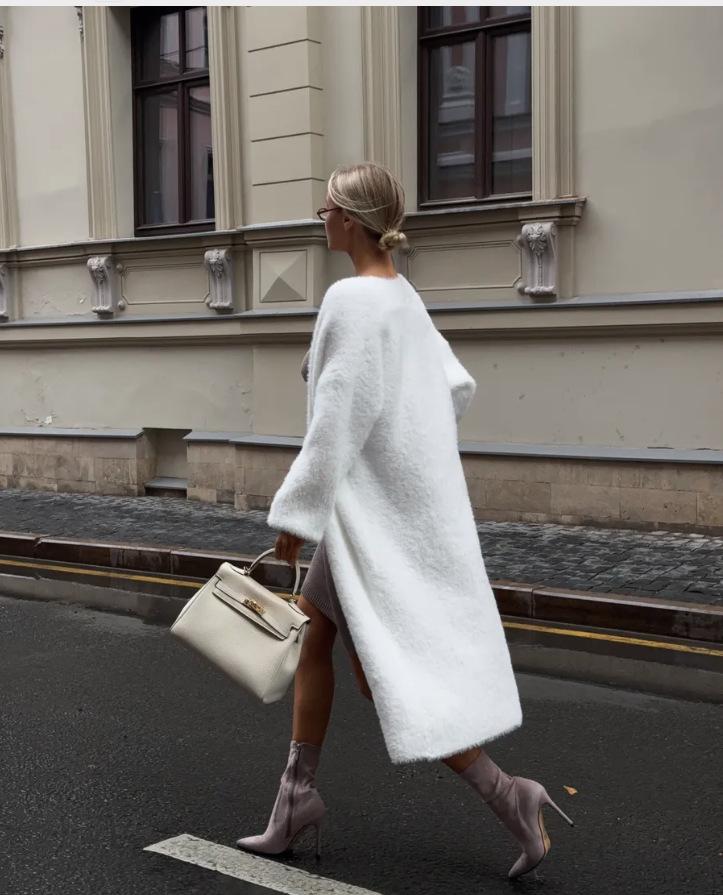 Extralanger flauschiger Nerz-Kaschmir-Cardigan - Weicher weißer Strickpullover für Herbst/Winter 2025, Übergröße verfügbar