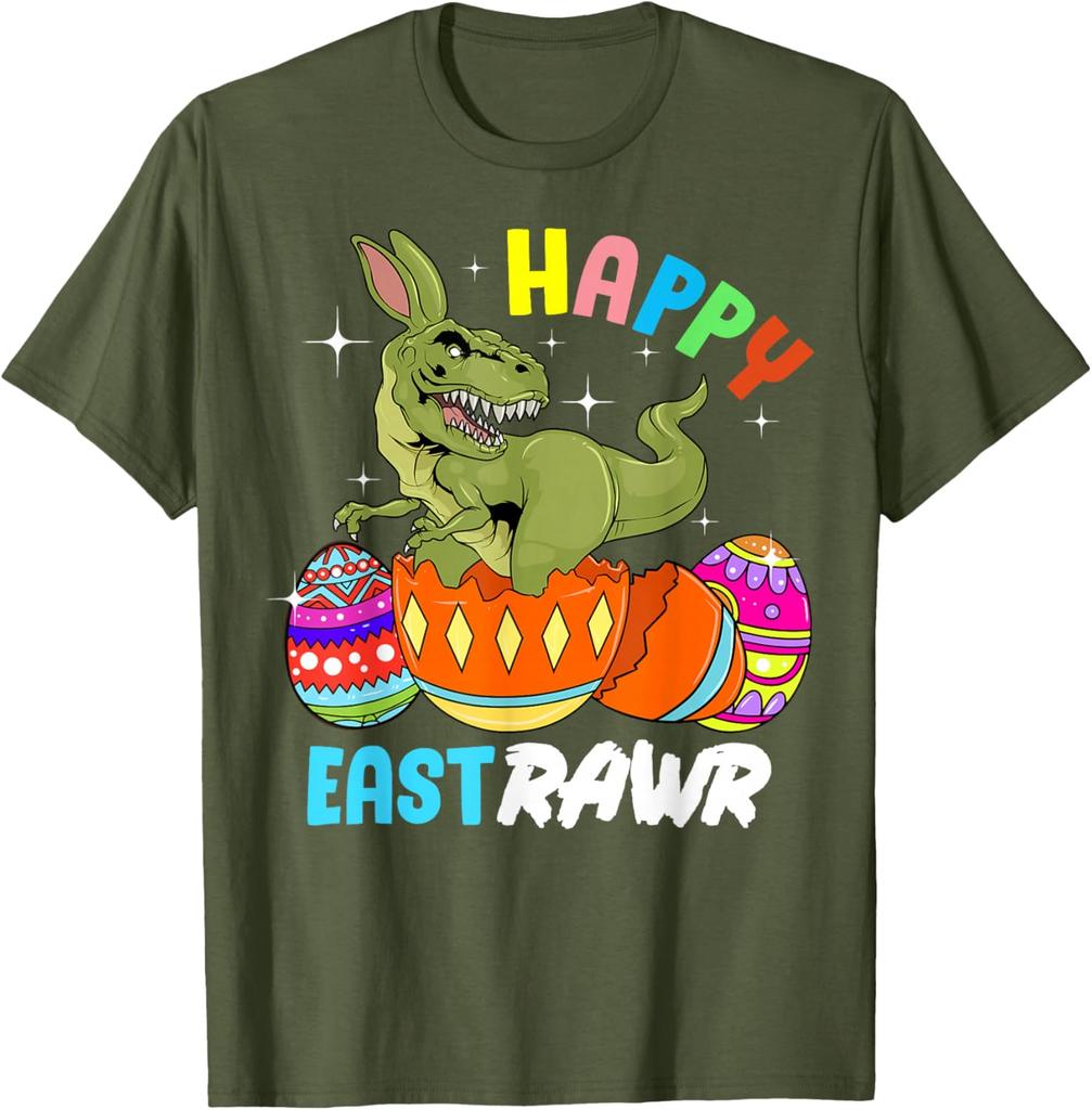 Happy Eastrawr Dinosaur Bunny Easter Egg Graphic Tee Cool Men's Casual Cotton T-Shirt