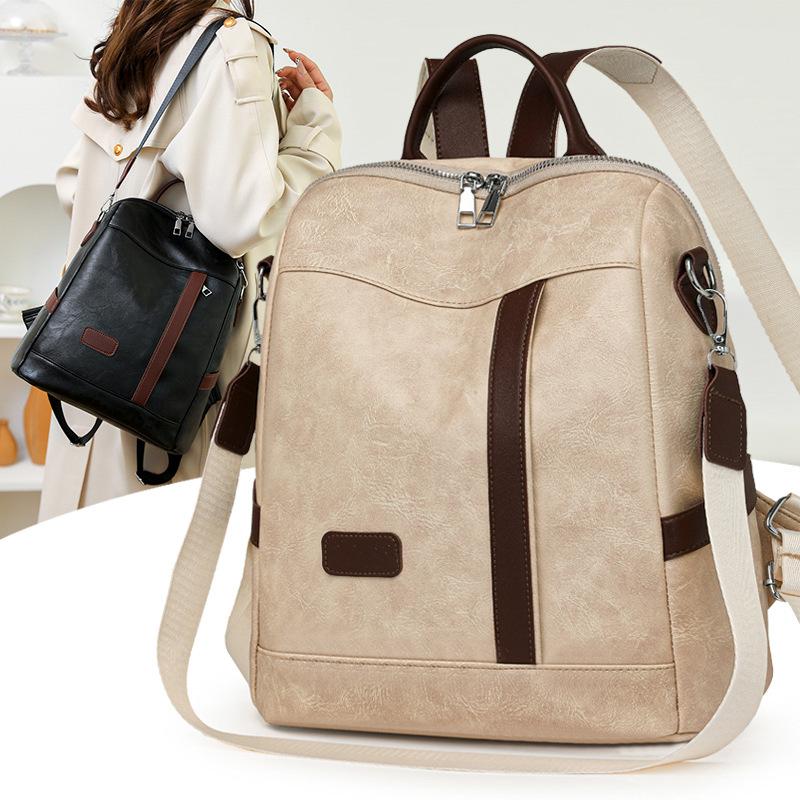 Retro commuter versatile backpack elegant simple fashion women's bag large capacity PU texture casual shoulder bag bags