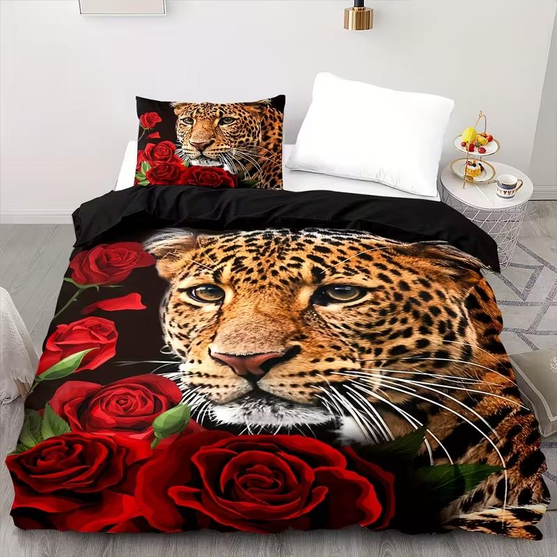 3Pcs Duvet Cover Set Rose Leopard Bedding Set Leopard Print Duvet Cover Set For Bedroom Guest Room Teens Kids Best Gifts