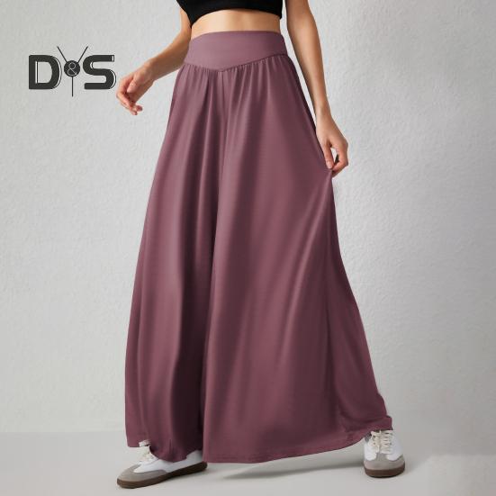 

Свободные брюки для танцев, однотонные широкие женские брюки, эластичные длинные брюки с высокой талией, повседневная одежда для путешествий S темно-красного