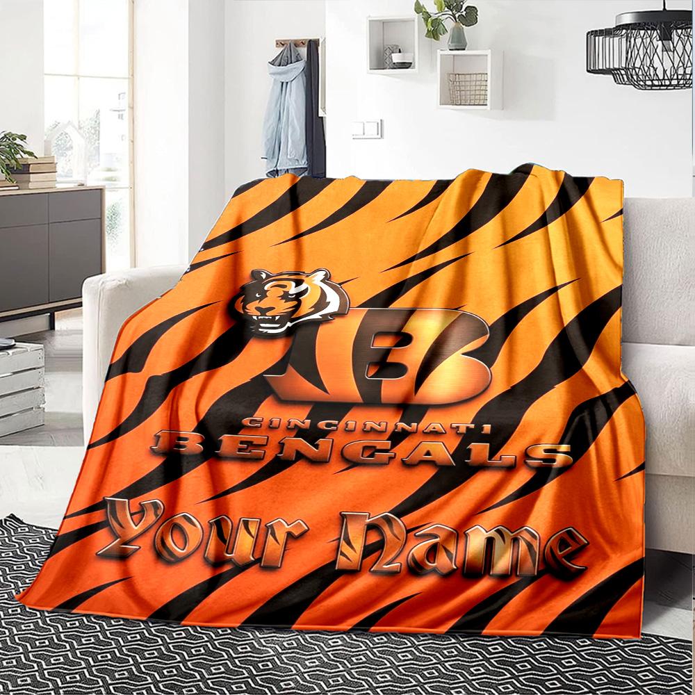Name Custom Cincinnati Bengals Logo Print Flannel Blanket High Quality Warm Comfortable Cover for All Seasons Perfect for Gifts Home Decor