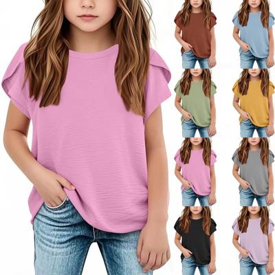Girls' Cotton Linen Casual Short-Sleeve Top, Solid Color, Round Neck - 2025 Summer Collection