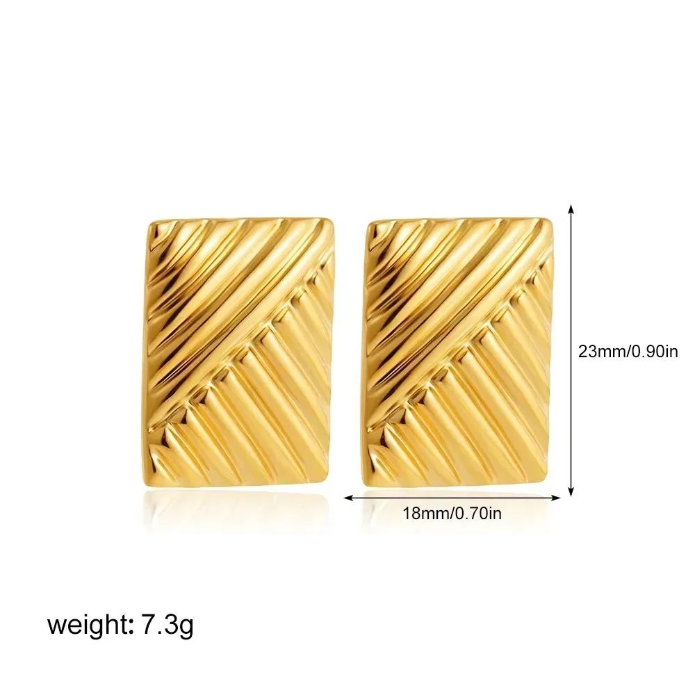 Vintage Stainless Steel Trapezoid Square Wing Geometric Stud Earrings for Women Gold Plated Striped Pleated Texture Jewelry