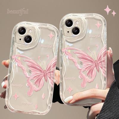 Pink Butterfly iPhone Case: Compatible with iPhone 15 Plus, 16 Pro Max, 17, 13, and 14. Transparent and Girly Design.