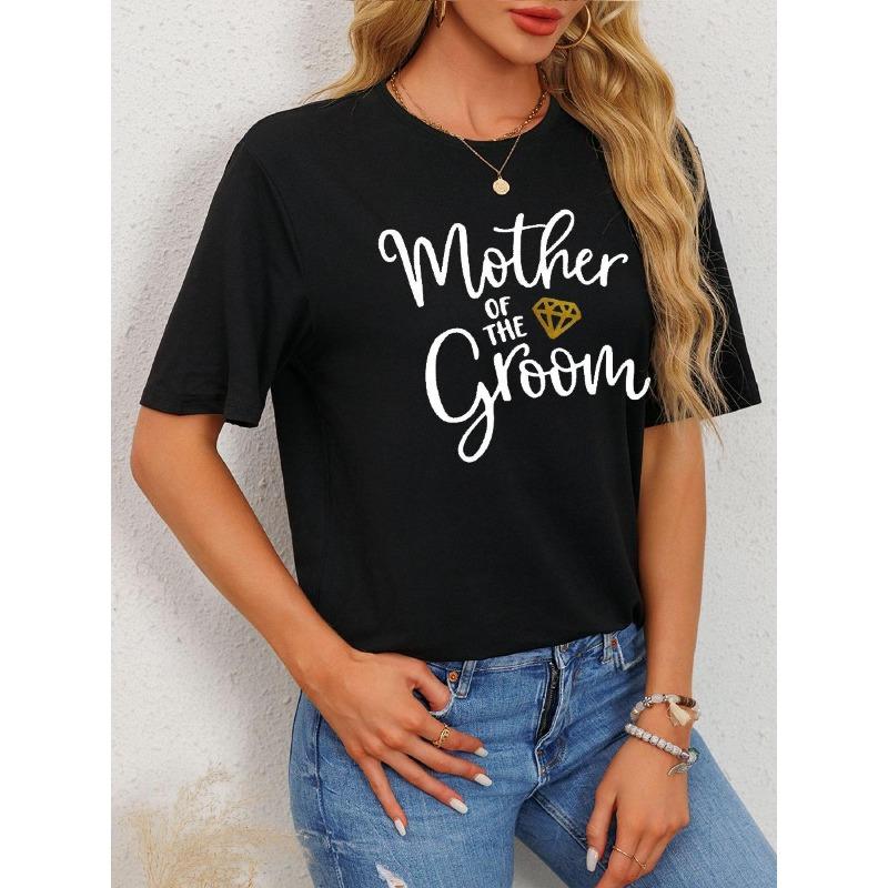 Women'S "Mother of The Groom" Graphic Tee, Casual Crew Neck T-Shirt, Short Sleeve, Regular Length, Floral Pattern, Knit Fabric, Black