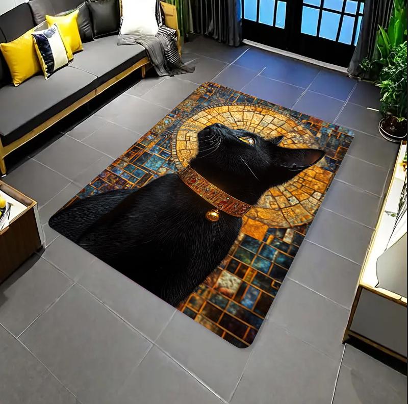 Egyptian Black Cat Rectangle Carpet Ancient Hieroglyph Stained Glass Cat Lover Home Decor Mat Non Slip Floor Rug Bedroom