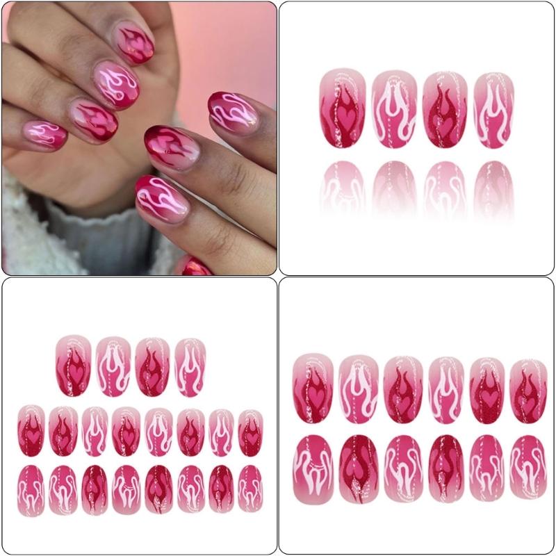 24 Stück Kurze Press-On-Nägel mit Herz- und Flammen-Designs Acryl-Fingernägel für Damen und Mädchen Einfach anzubringen und zu entfernen