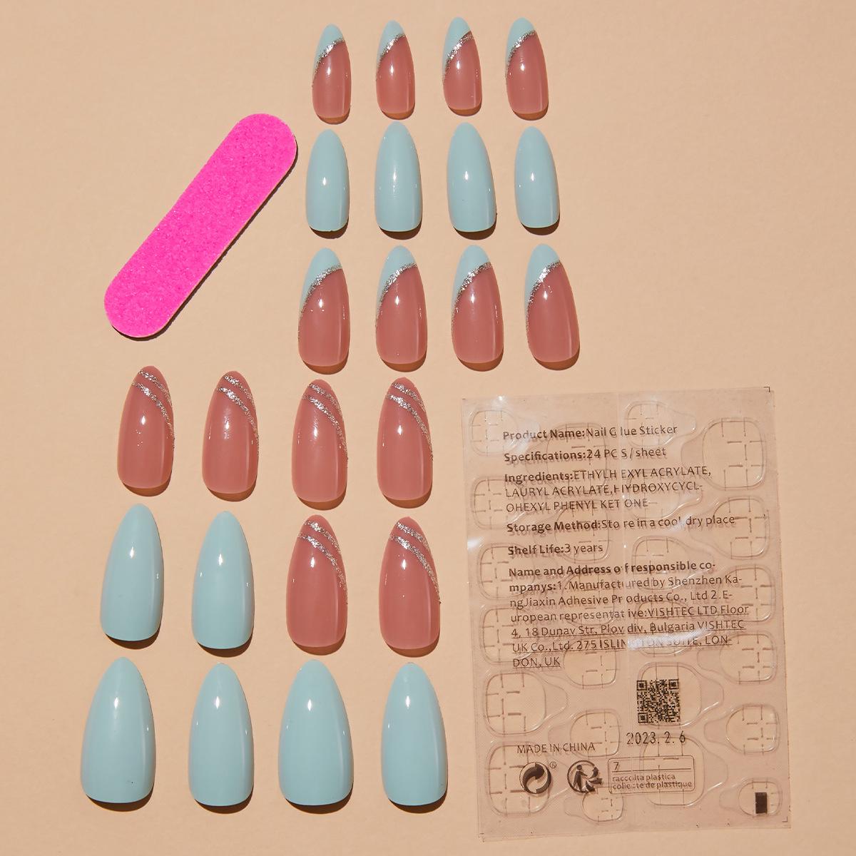 

Миндальные ногти с блестящей полоской - Простой французский стиль, набор из 24 штук