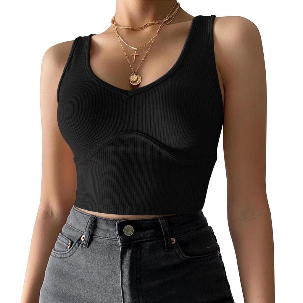 Ladies Casual Solid Color Sexy Deep V-neck Navel Bust Stitching Stretch Knit Vest