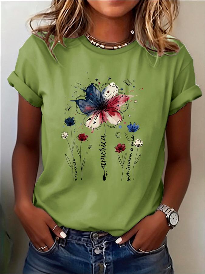 ilstile Retro Patriotic Flower Faith Freedom Pride Print TShirt Women USA 17762026 Independence Day Casual Tee Tops