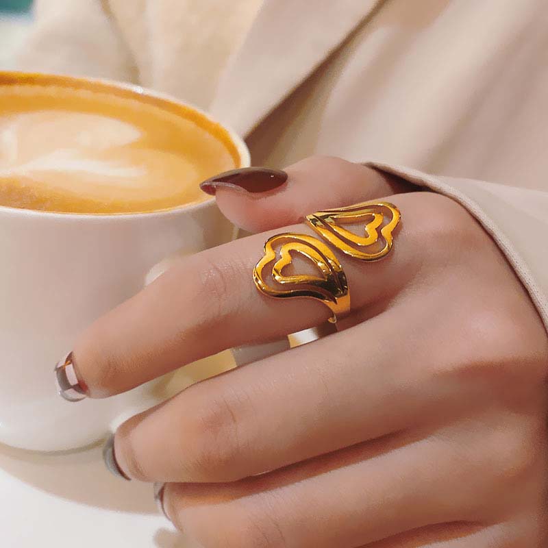 Stainless Steel Double Heart-shaped Open Rings For Men Women Simple Metal Hollow Irregular Line Ring Waterproof Zircon Gifts