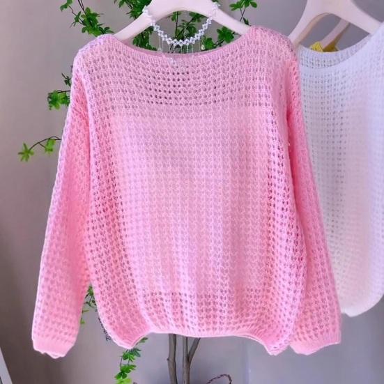 Women Tops Loose Fit One-Shoulder Hollow Knitted Long Sleeve Blouse Pure Color Summer Thin Tops Sun Protection Cover Up Blouse