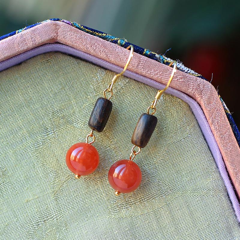 HD Agarwood & Red Agate Earrings: Niche Light Luxury, Ancient Style, Elegant Temperament, Long Design