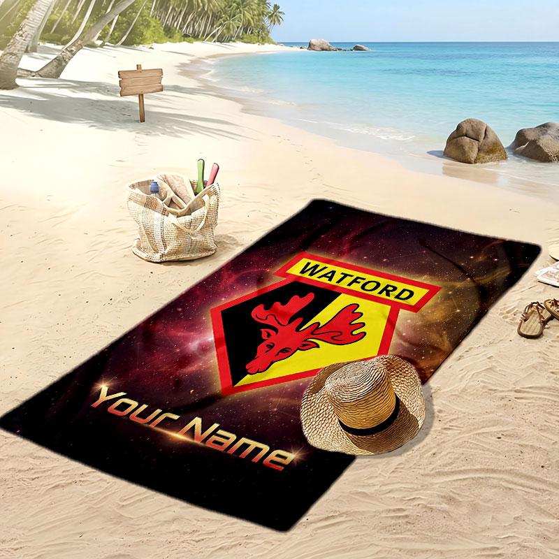 Watford FC Personalized Printed Beach Towel Soccer Logo Support Custom Name Text Absorbent Towel For Sport Travel Special Gift