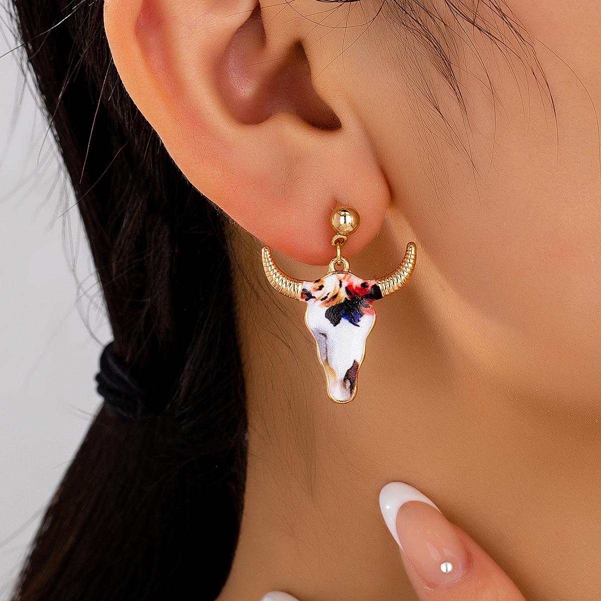 Trendy Bull Head Alloy Earrings: Women s Cross-Border Print Dangle Jewelry