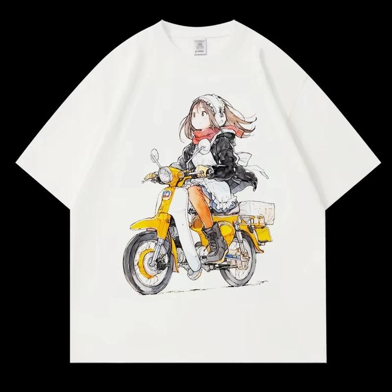 Japanese Anime Retro Adventure Motorbike Riding Girl With Full Riding Gear Vintage Manga Illustration Oversized Streetwear Graphic T-Shirt