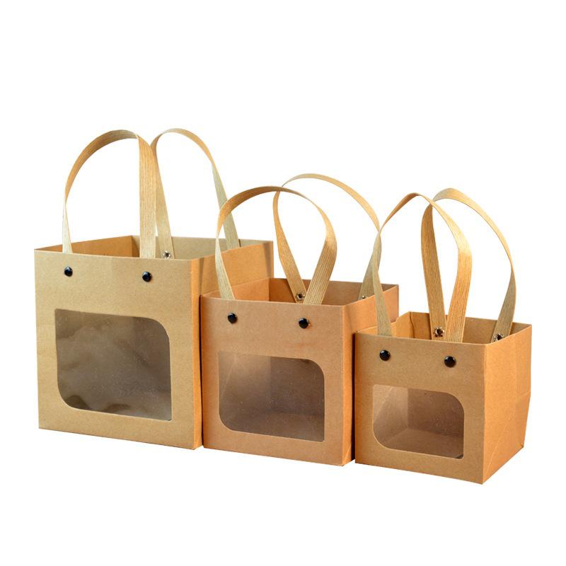 Small Qixi Gift Bag with Smiley Face, Kraft Paper, Square Window for Flowers