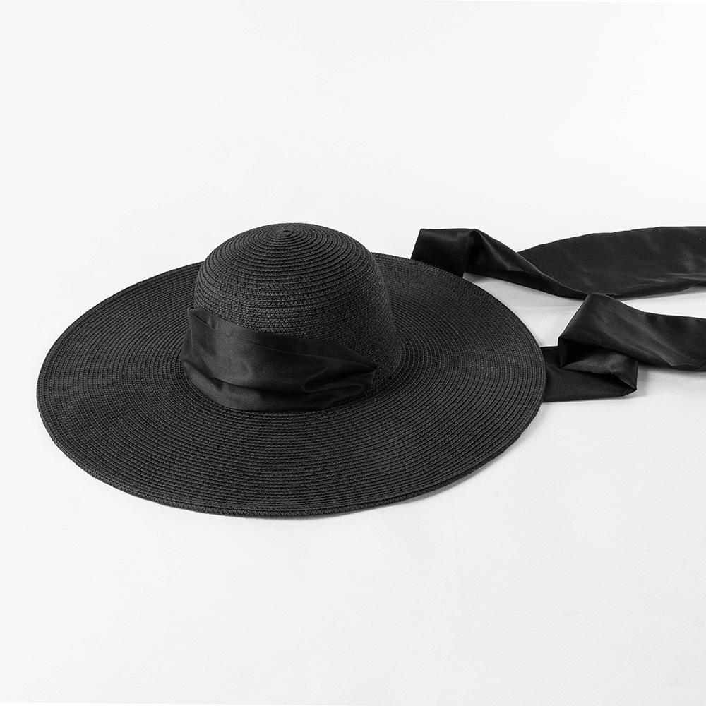 

Элегантные женские соломенные шляпы с длинными лентами и полосками, модная купольная негабаритная широкая боковая шляпа для путешествий, отдыха, пляжной шляпы от солнца 57cm