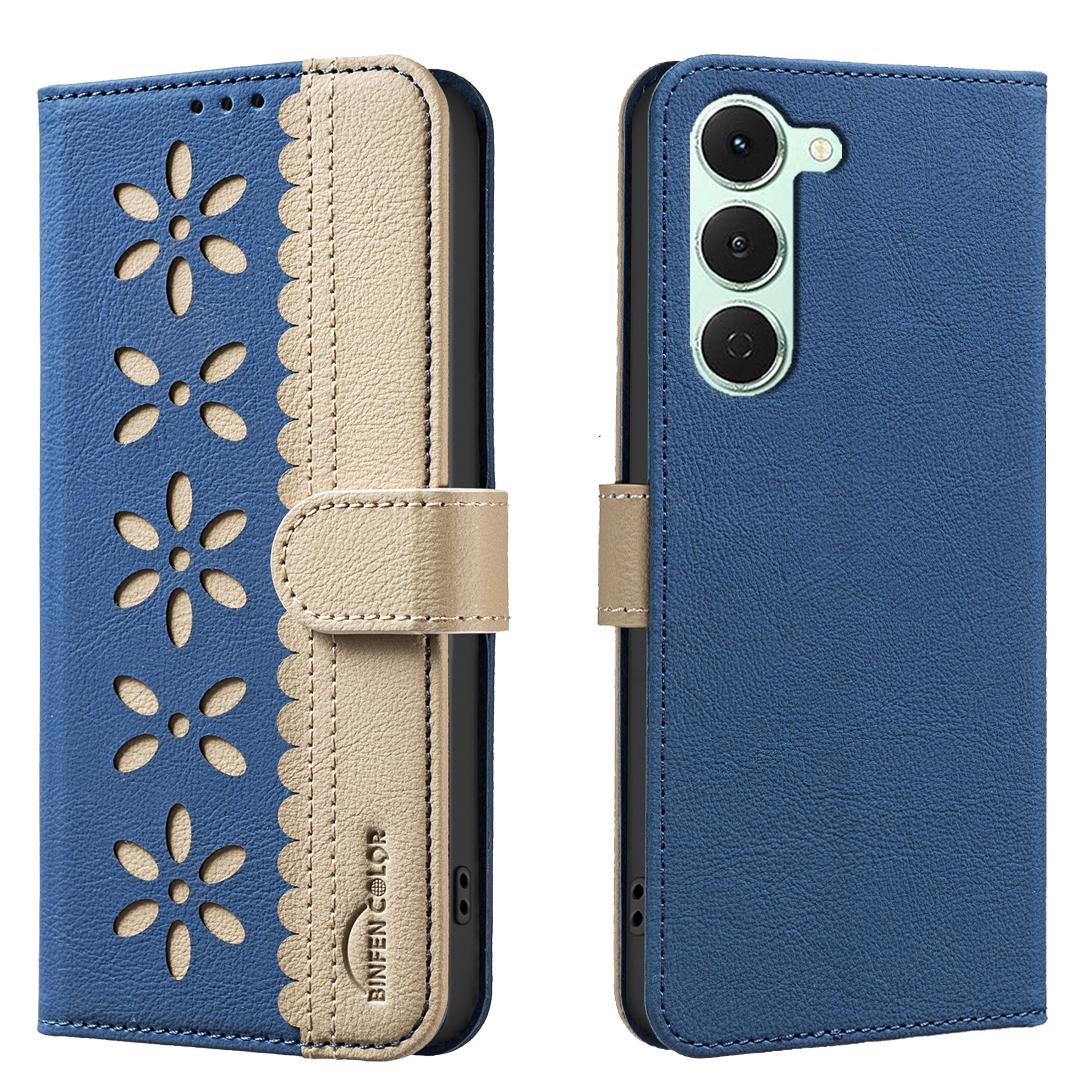 

For TECNO Spark 40 Pro 4G Leather Case BINFEN COLOR BF36 Floral Pattern Phone Cover RFID Blocking Wallet Stand Dark Blue